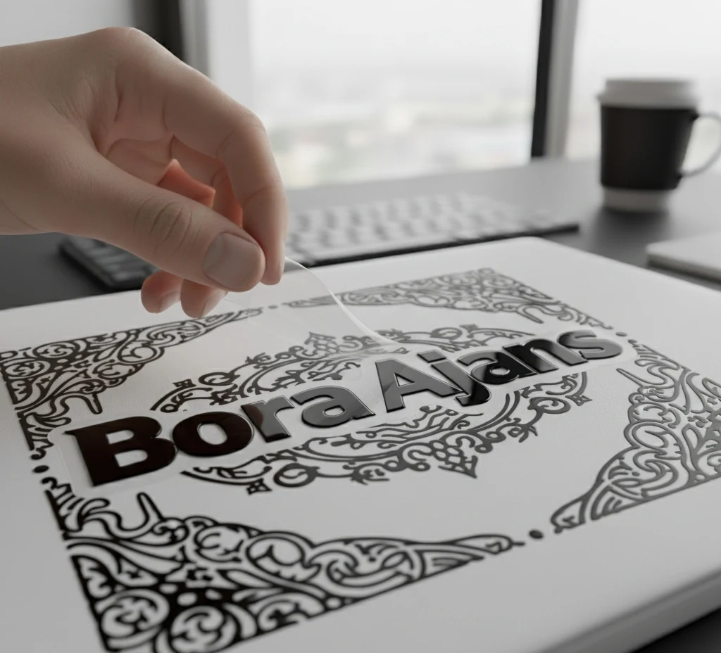 Application par transfert à froid d'étiquettes UV DTF — Peeling du film de logo Bora Ajans